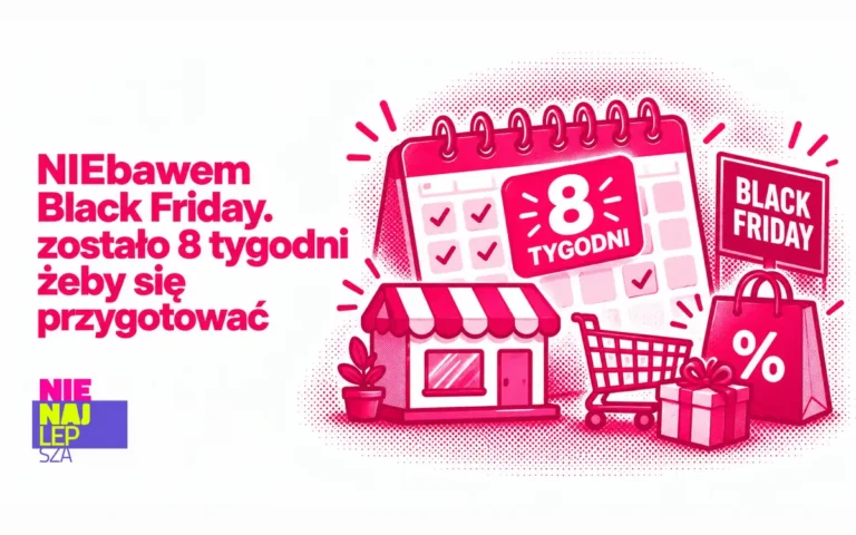 Kalendarz z informacją o ośmiu tygodniach do Black Friday obok sklepu i koszyka zakupowego